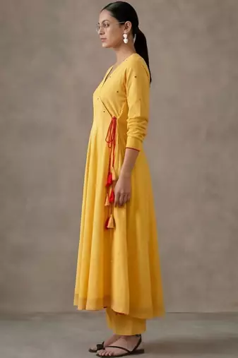 structured women embroidered angrakha mirror work cotton kurta with trousers