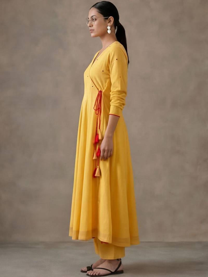 structured women embroidered angrakha mirror work cotton kurta with trousers