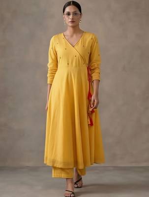 structured women embroidered angrakha mirror work cotton kurta with trousers 5