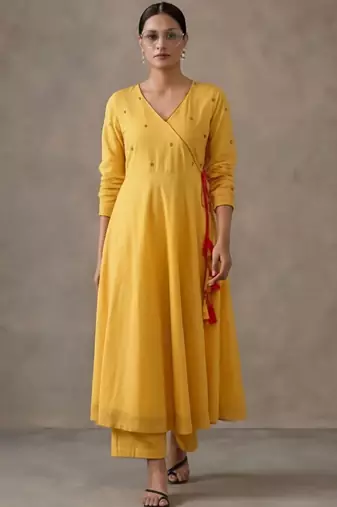 structured women embroidered angrakha mirror work cotton kurta with trousers