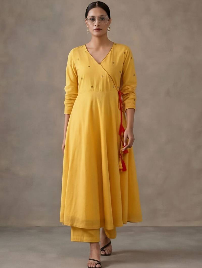 structured women embroidered angrakha mirror work cotton kurta with trousers