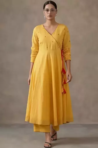 structured women embroidered angrakha mirror work cotton kurta with trousers