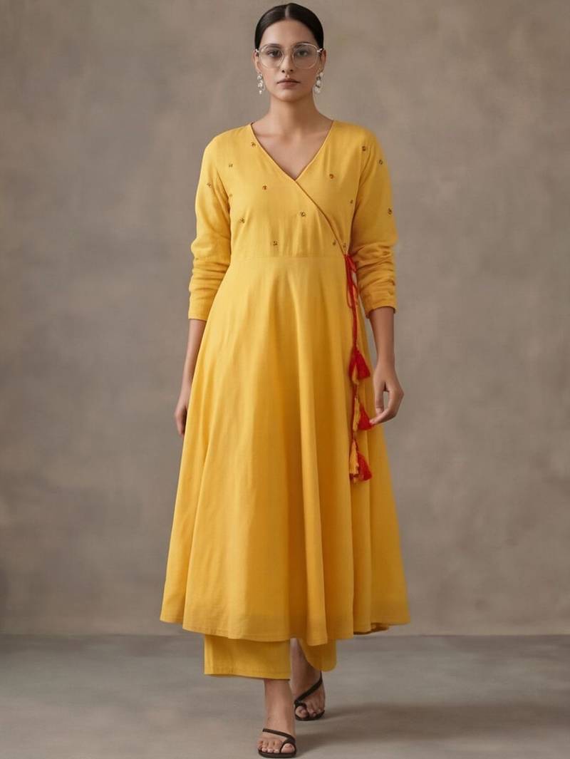 structured women embroidered angrakha mirror work cotton kurta with trousers
