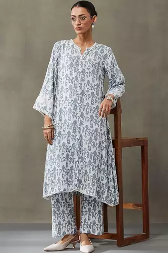 classic women floral embroidered regular gotta patti kurta with trousers