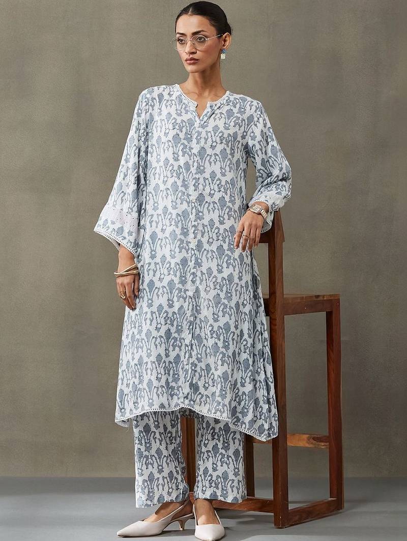 classic women floral embroidered regular gotta patti kurta with trousers