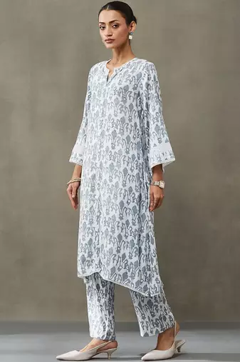 classic women floral embroidered regular gotta patti kurta with trousers