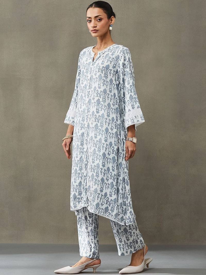 classic women floral embroidered regular gotta patti kurta with trousers
