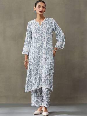 classic women floral embroidered regular gotta patti kurta with trousers 6