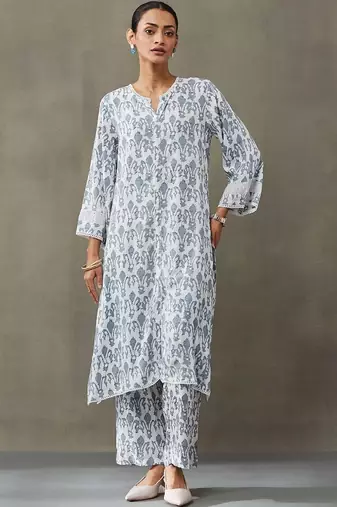 classic women floral embroidered regular gotta patti kurta with trousers