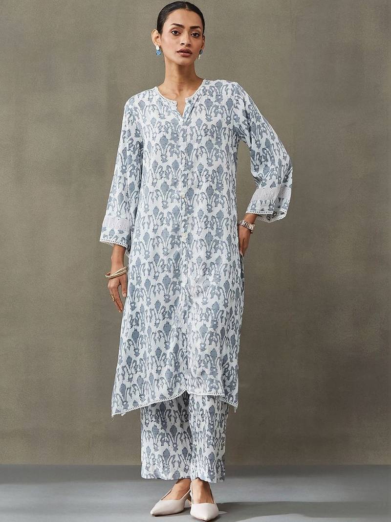 classic women floral embroidered regular gotta patti kurta with trousers