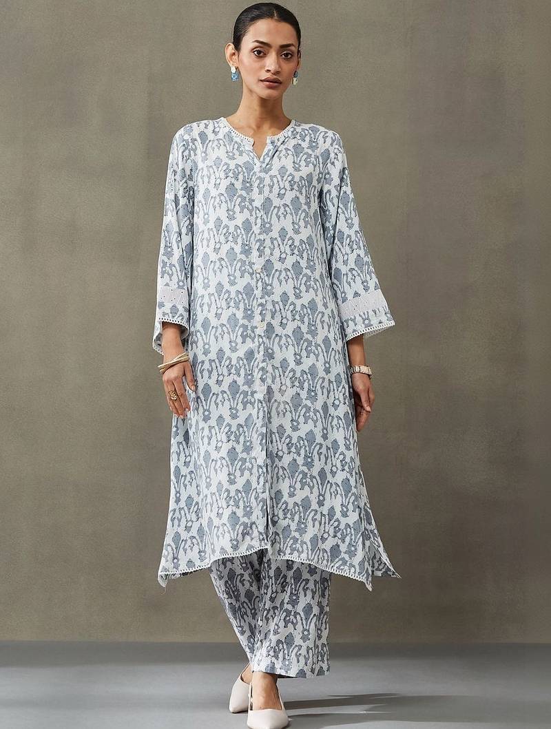 classic women floral embroidered regular gotta patti kurta with trousers