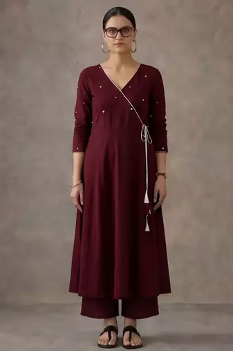 workwear women embroidered angrakha mirror work cotton kurta with trousers