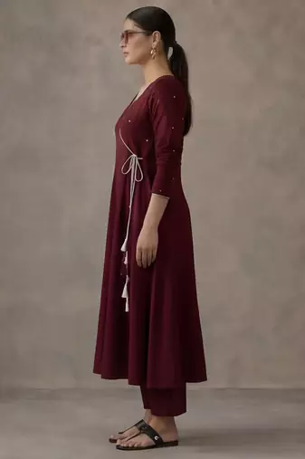 workwear women embroidered angrakha mirror work cotton kurta with trousers