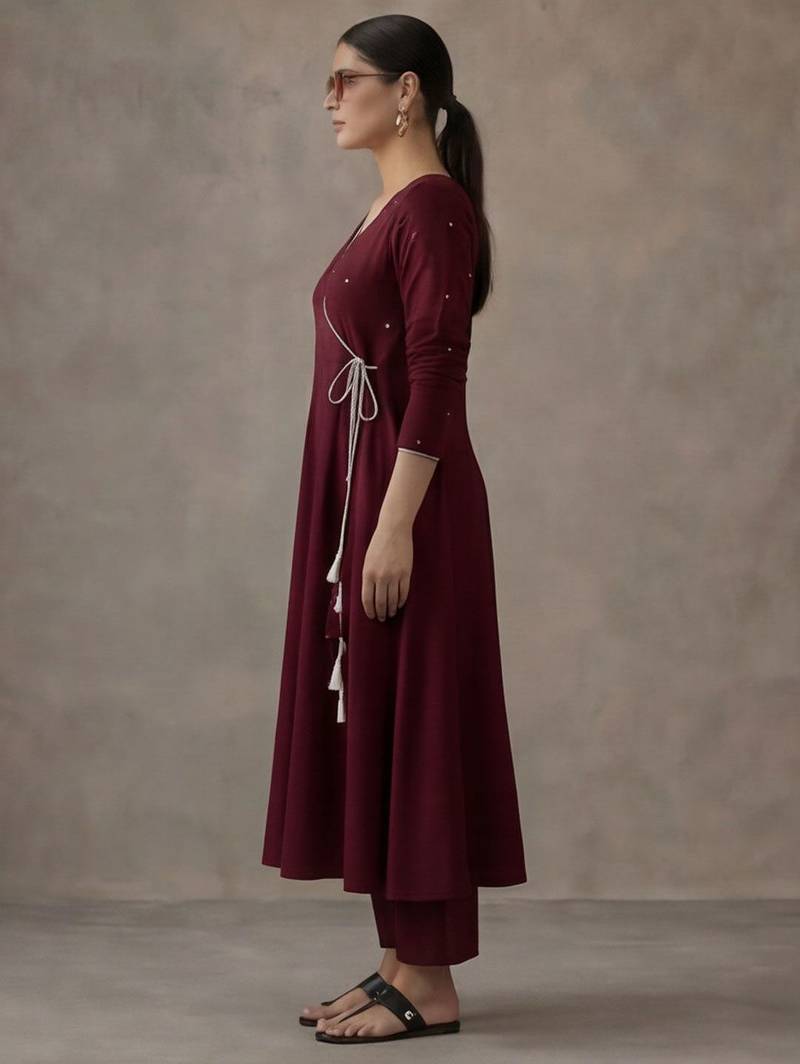 workwear women embroidered angrakha mirror work cotton kurta with trousers