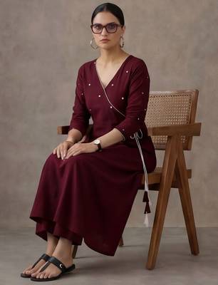 workwear women embroidered angrakha mirror work cotton kurta with trousers 6