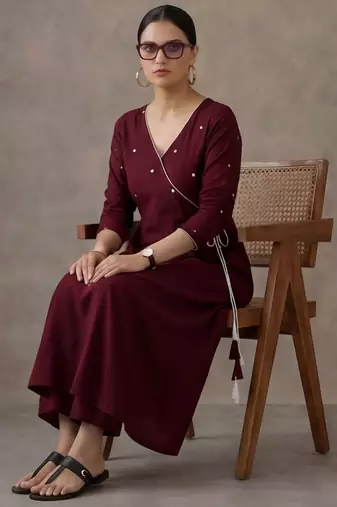 workwear women embroidered angrakha mirror work cotton kurta with trousers