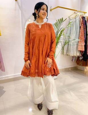 Rust orange  crinkled peplum kurta set 1