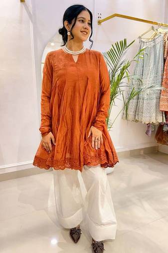 Rust orange  crinkled peplum kurta set