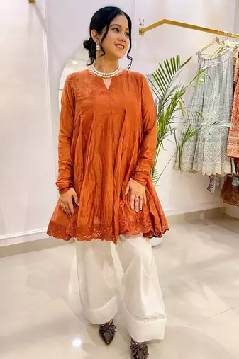 Rust orange  crinkled peplum kurta set