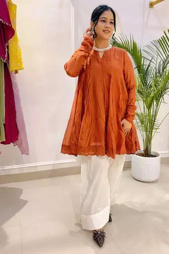 Rust orange  crinkled peplum kurta set