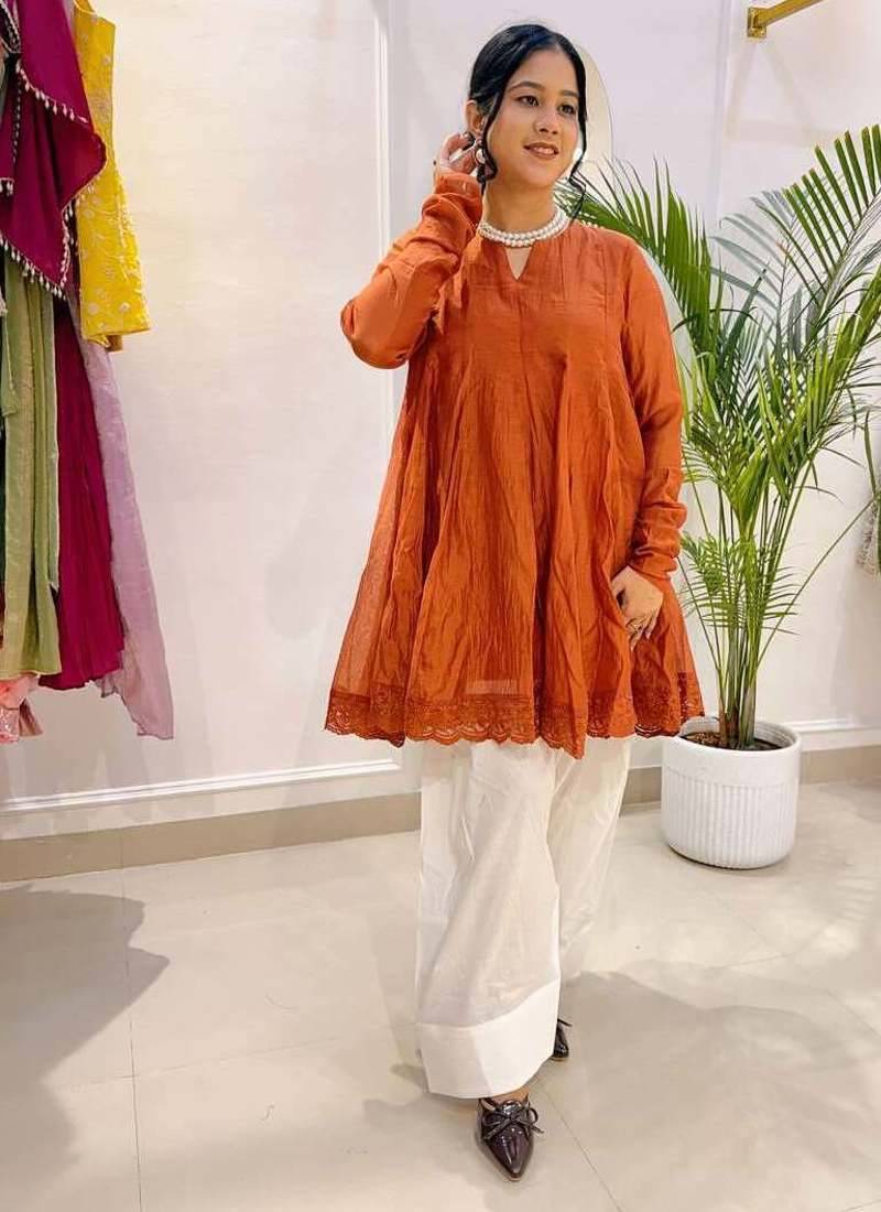 Rust orange  crinkled peplum kurta set