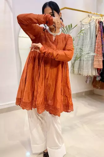 Rust orange  crinkled peplum kurta set