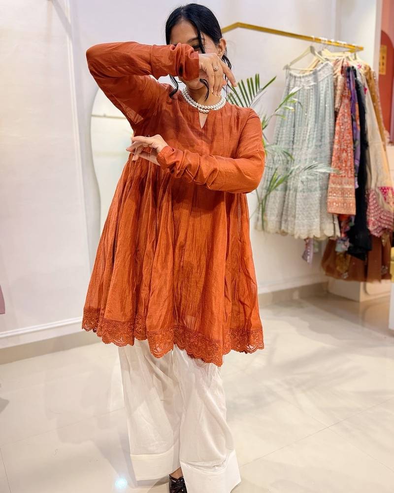 Rust orange  crinkled peplum kurta set