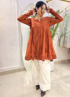 Rust orange  crinkled peplum kurta set 4