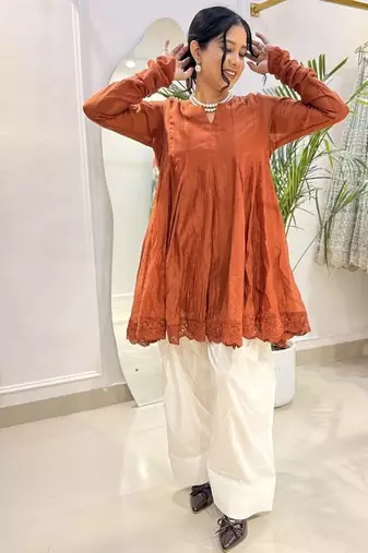 Rust orange  crinkled peplum kurta set
