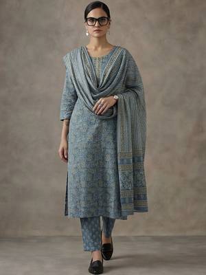 office women printed regular cotton kurta with palazzos & with dupatta 1