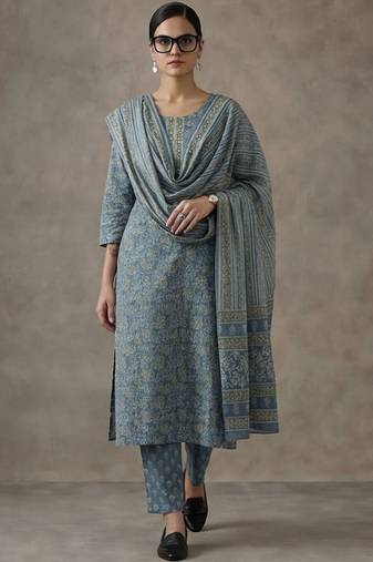 office women printed regular cotton kurta with palazzos & with dupatta