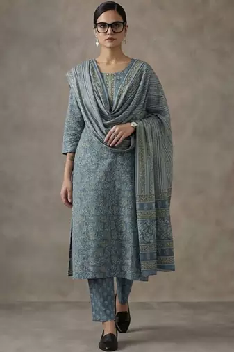 office women printed regular cotton kurta with palazzos & with dupatta