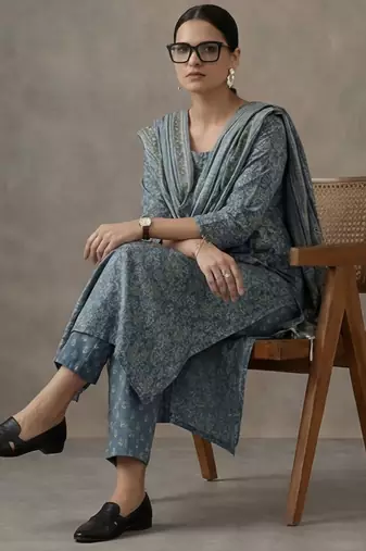 office women printed regular cotton kurta with palazzos & with dupatta