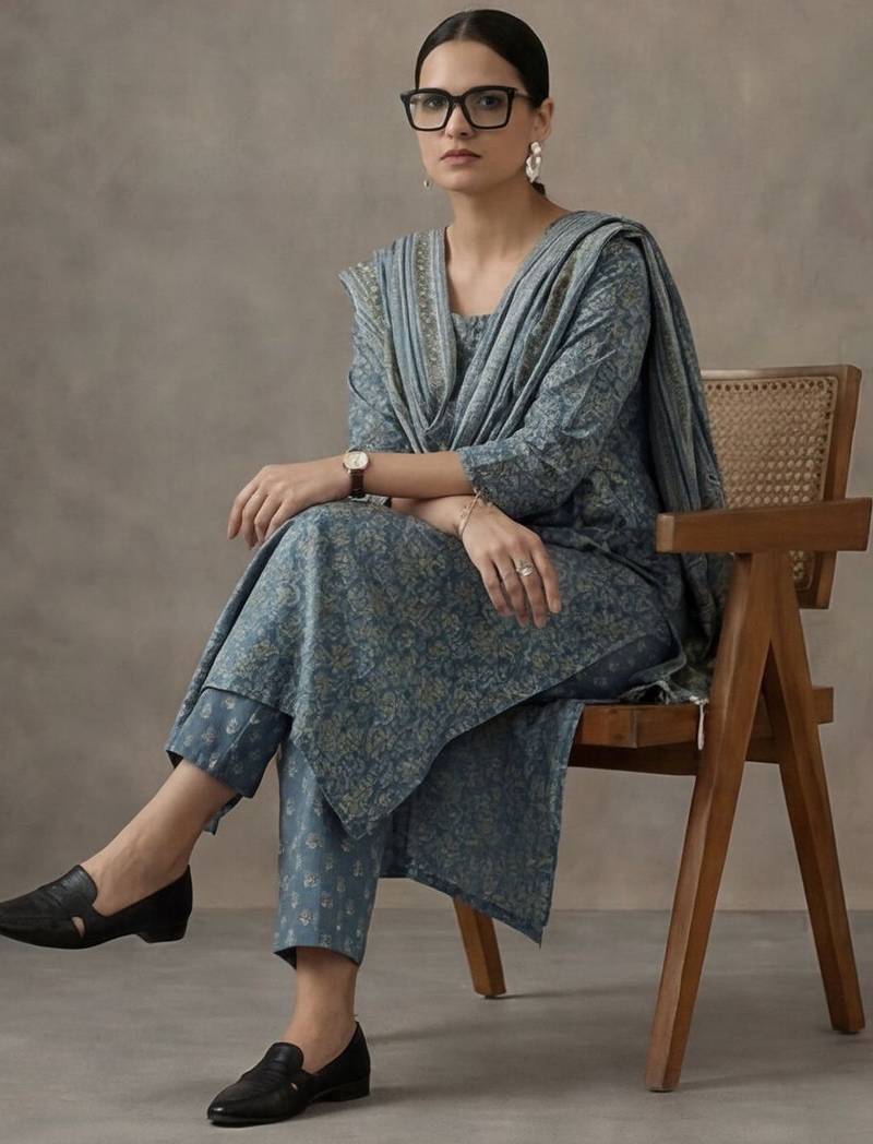 office women printed regular cotton kurta with palazzos & with dupatta