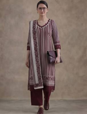 workwear women striped regular thread work cotton kurta with trousers & with dupatta 1
