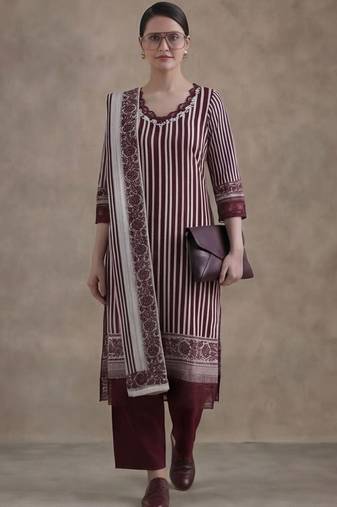 workwear women striped regular thread work cotton kurta with trousers & with dupatta