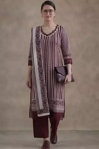 workwear women striped regular thread work cotton kurta with trousers & with dupatta