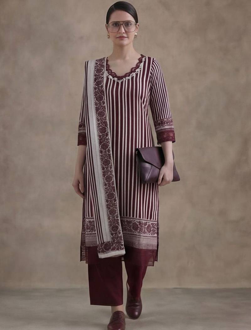 workwear women striped regular thread work cotton kurta with trousers & with dupatta