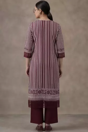 workwear women striped regular thread work cotton kurta with trousers & with dupatta