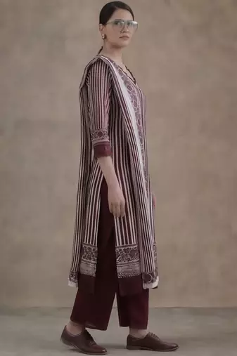 workwear women striped regular thread work cotton kurta with trousers & with dupatta