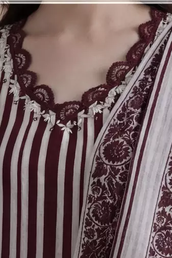 workwear women striped regular thread work cotton kurta with trousers & with dupatta