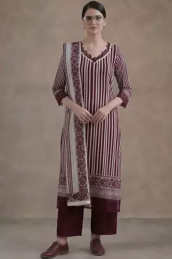 workwear women striped regular thread work cotton kurta with trousers & with dupatta