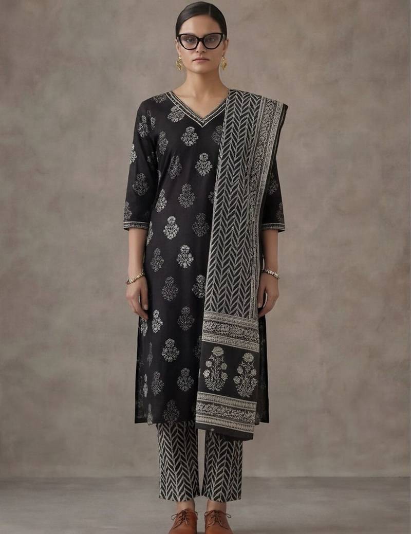 classic women floral embroidered regular beads and stones cotton kurta with trousers & with dupatta
