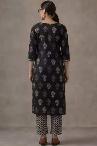 classic women floral embroidered regular beads and stones cotton kurta with trousers & with dupatta