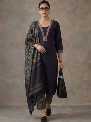 workwear women floral embroidered regular gotta patti cotton kurta with trousers & with dupatta 1