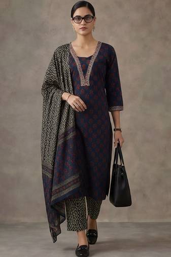workwear women floral embroidered regular gotta patti cotton kurta with trousers & with dupatta