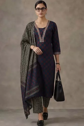 workwear women floral embroidered regular gotta patti cotton kurta with trousers & with dupatta