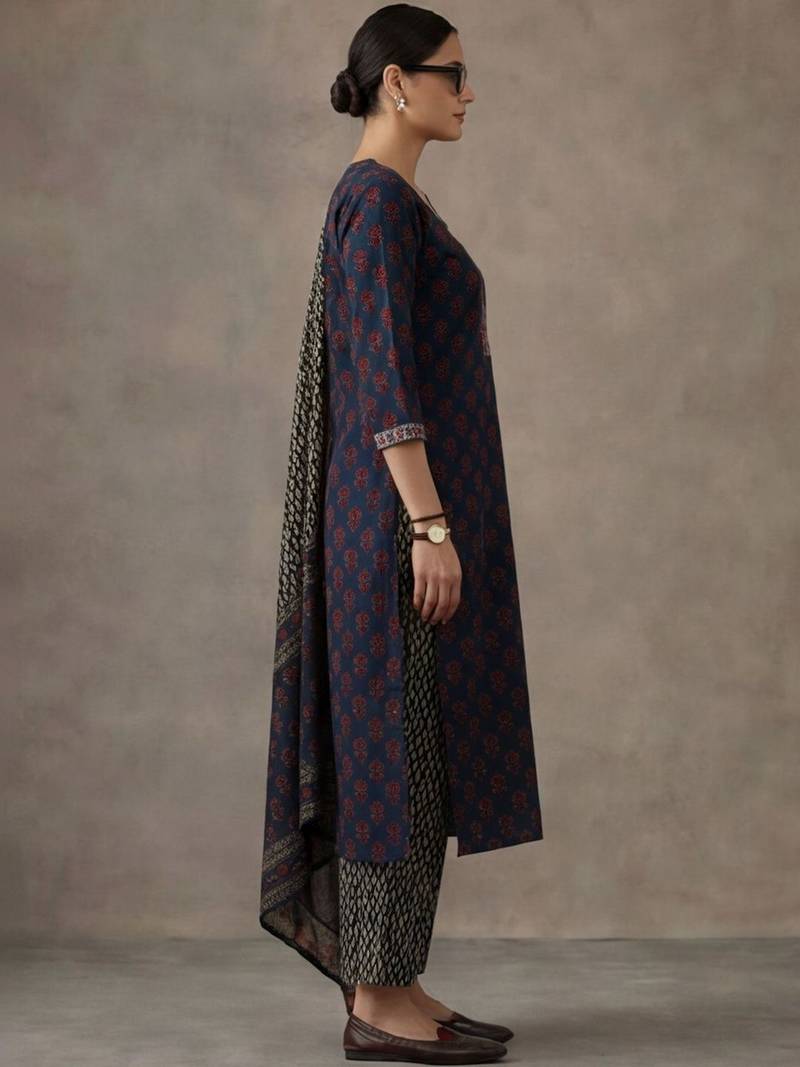 workwear women floral embroidered regular gotta patti cotton kurta with trousers & with dupatta