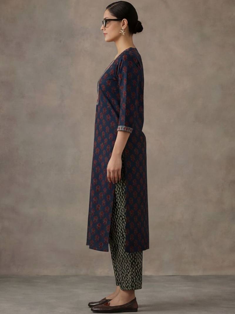 workwear women floral embroidered regular gotta patti cotton kurta with trousers & with dupatta