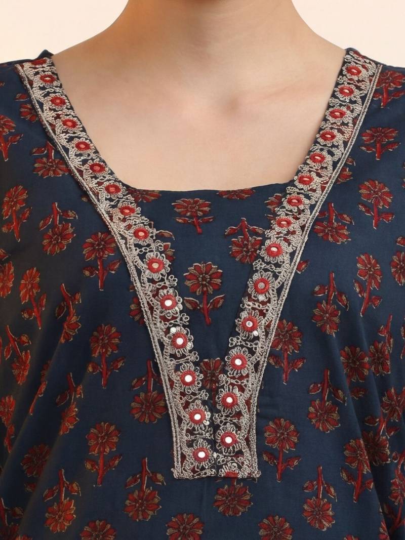 workwear women floral embroidered regular gotta patti cotton kurta with trousers & with dupatta